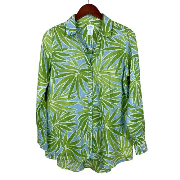 New Sigrid Olsen Linen Shirt Blue Green Leaf Print Button Front Women's M - Picture 1 of 7